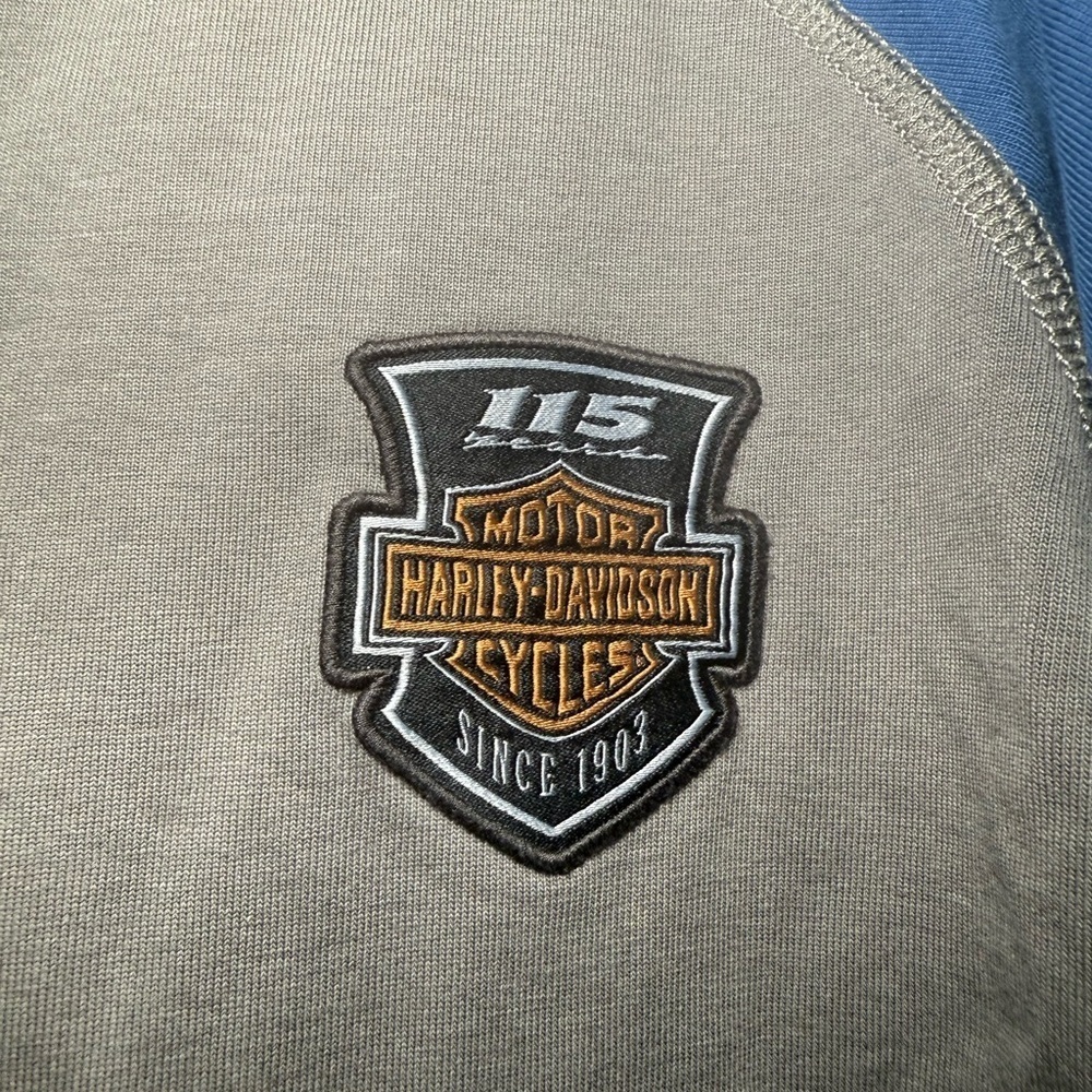 Harley Davidson 115 Anniversary Gray & Blue Henley Heavyweight Logo Back Large - Picture 4 of 9